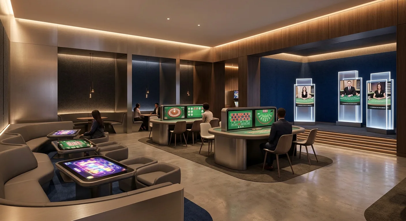 Moderne Casino-Lobby mit getrennten Bereichen für Slots, Tischspiele und Live-Spiel