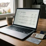 Laptop mit Auszahlungsübersicht neben Bankkarte und geordneten Unterlagen