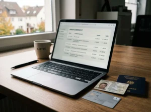 Laptop mit Auszahlungsübersicht neben Bankkarte und geordneten Unterlagen