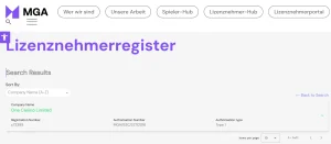 Screenshot des MGA-Lizenzregisters mit Eintrag zu One Casino Limited und onecasino.com