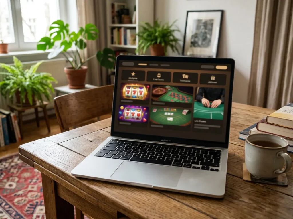 Casino-Lobby auf einem Laptop mit Bereichen für Slots, Tischspiele und Live-Studio