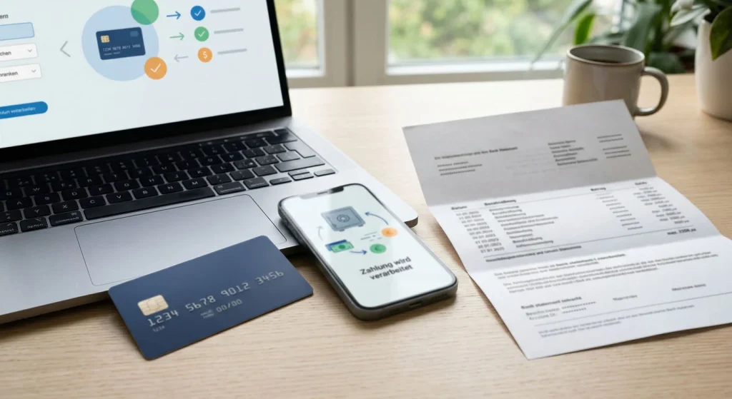 Laptop neben Bankkarte, Smartphone und Unterlagen für digitale Zahlungen